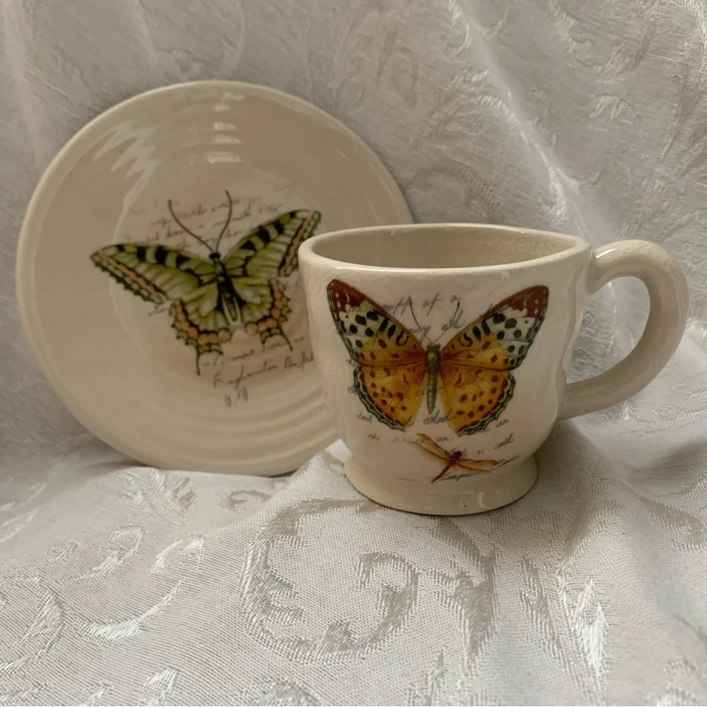 Butterfly Dragonfly Cup And Saucer Tea light/votive Holder ? Unmarked Cottage